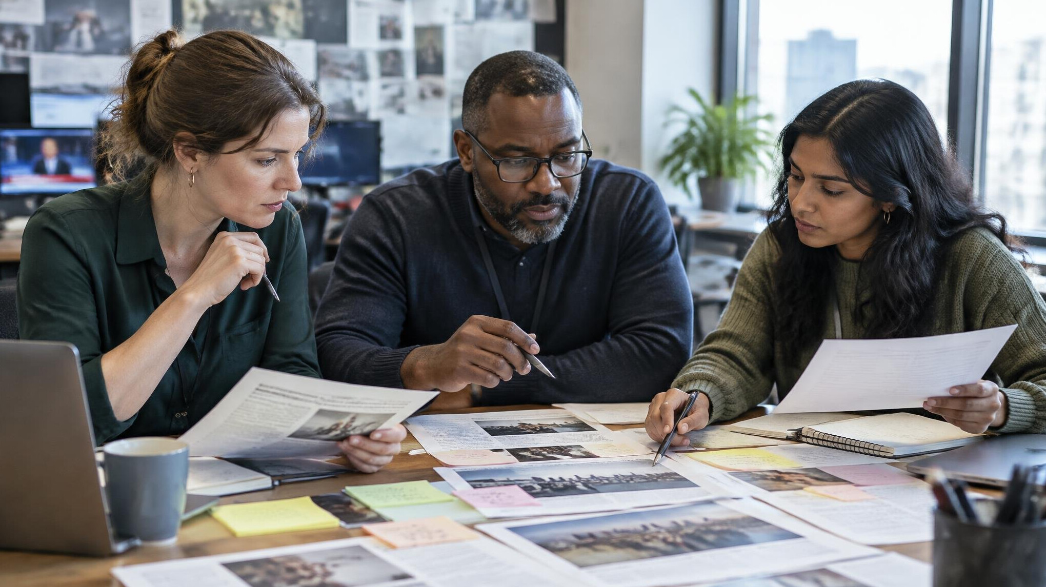 Editorial team verifying facts around a table with printed documents