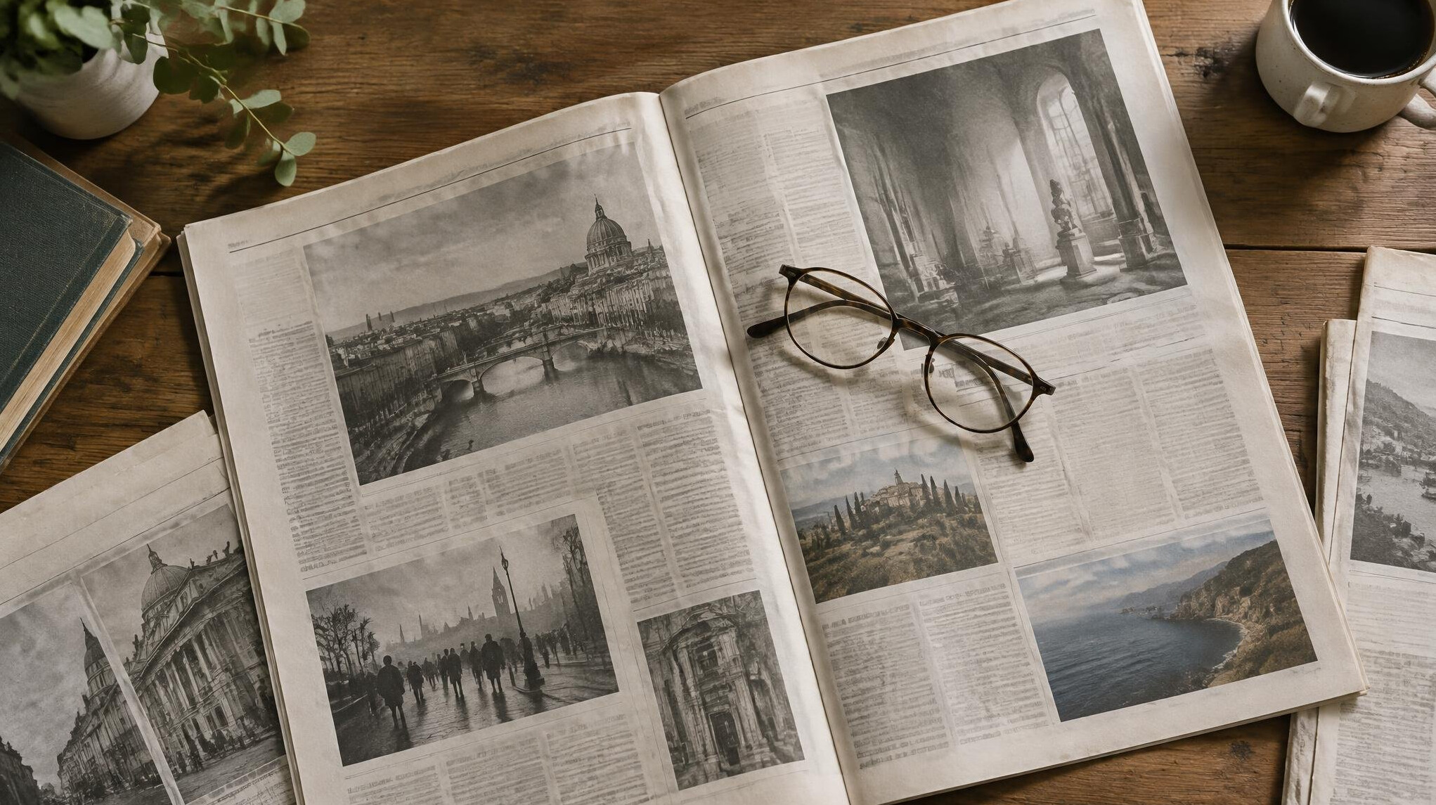 Open newspaper pages spread across a table