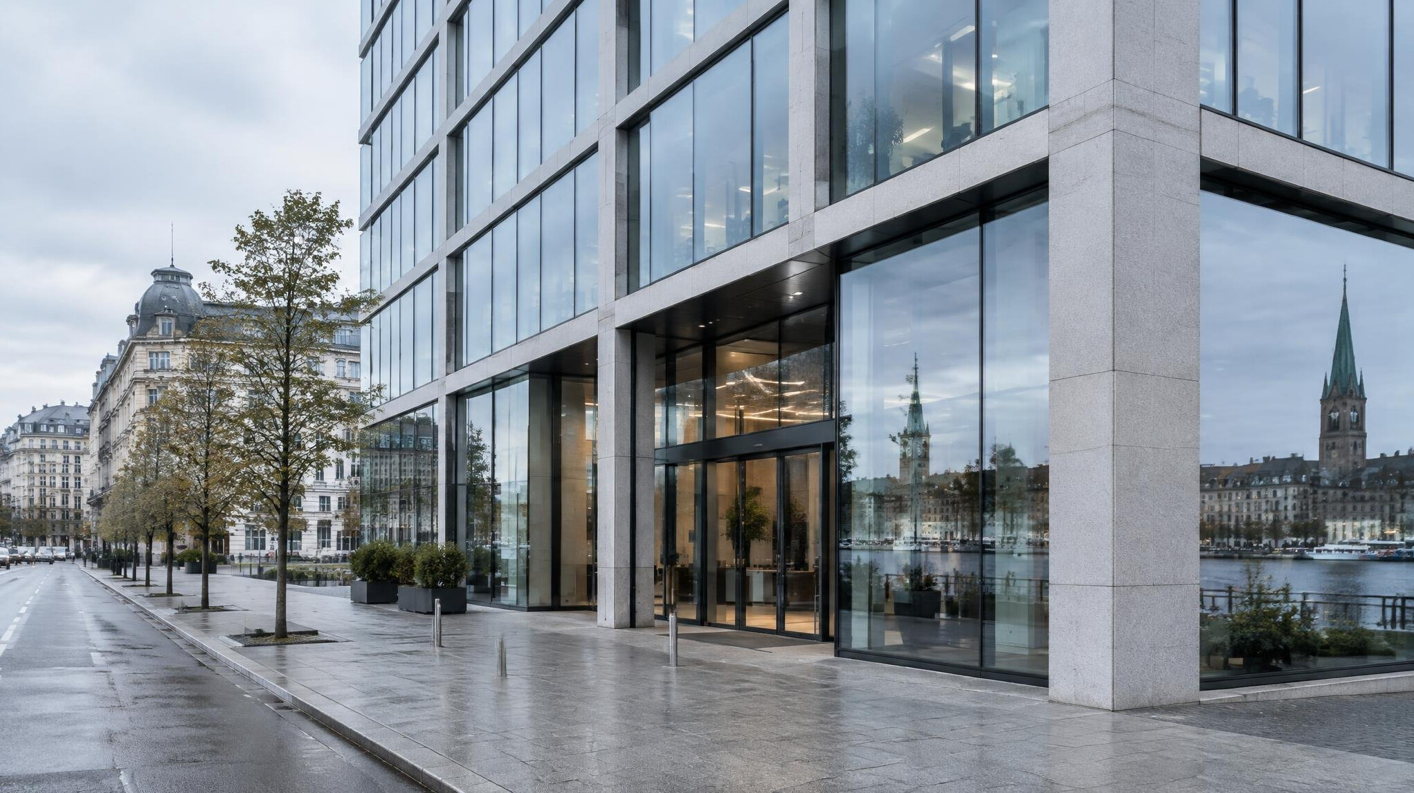 Modern office building facade in a Swiss city