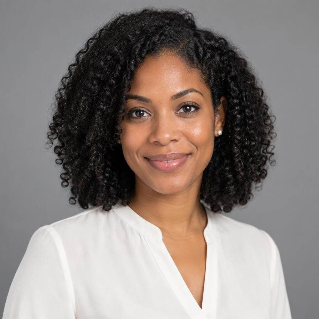 Studio portrait of a woman in her 30s with curly hair